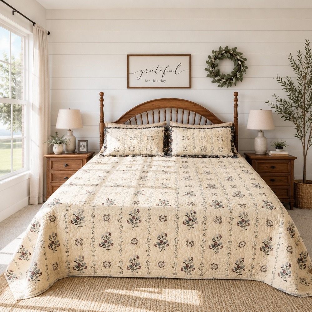Vintage Floral Quilted Bedspread Set Cream Navy Paisley Ruffle Cottage Farmhouse